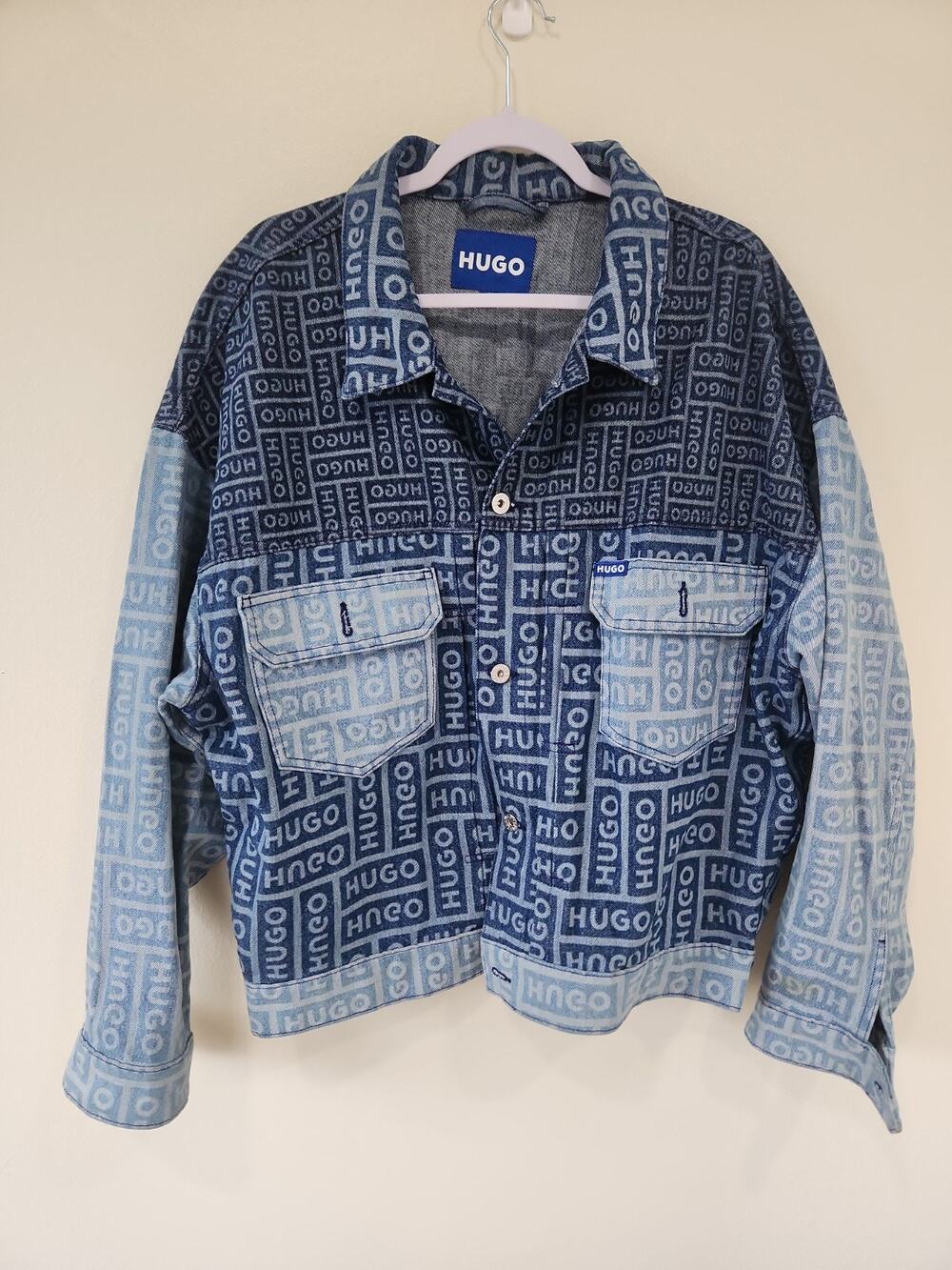 HUGO BOSS Men's S/M? Colorblock Oversized Logo-Print Denim Jacket Jean Jacket